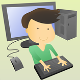 graphical image of a woman using a computer